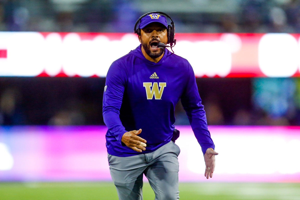 Oct 16, 2021; Seattle, Washington, USA; Washington Huskies head coach Jimmy Lake calls for a timeout during the third quarter against the UCLA Bruins at Alaska Airlines Field at Husky Stadium.